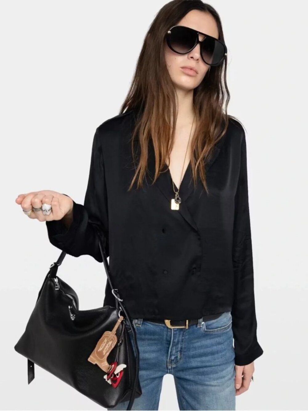 NWT Zadig & Voltaire Tussi Viscose Button-Front Collared Shirt Blouse, Size M